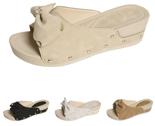 Sliders - Pantofole da donna dorate, comode, con supporto per fascite plantare, infradito per damigella d'onore, tacchi alti, rosa fucsia, vestibilità ampia, Beige, 38.5 EU