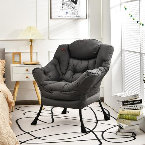 RELAX4LIFE Fauteuil de Salon Design Scandinave, Fauteuil Relax Confortable en PE avec Poche Latérale-Appui-tête-Patins Antidérapants pour Chambre Salon Bureau (Gris,[PE|sans Repose-Pied])