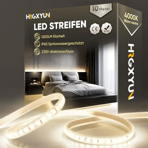 HRGXYUN 230V LED Streifen Aussen, SMD 2835 IP65 Wasserdicht, Bande LED Durchsichtig 1200LM Ohne Trafo Flexible Kürzbar für Zimmer und Außen Dekoration Beleuchtung, 4000K Neutralweiß, 10m