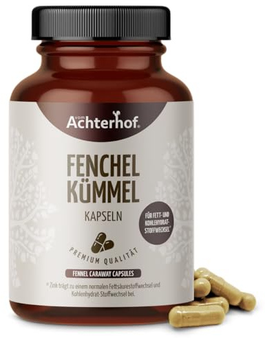 Fenchel Kümmel Kapseln | 180 Stück | mit Fenchel, Kümmel, Kamille, Pfefferminz und Zink | ergänzend zu den Mahlzeiten | 90 Tage Vorrat | Achterhof