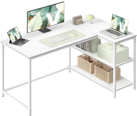VASAGLE Scrivania Angolare a L, Scrivania Gaming per Computer con Scaffale Reversibile, Ripiano Regolabile in Altezza, per Studio Ufficio, 120 x 80 cm, Bianco Acero LWD136WF01