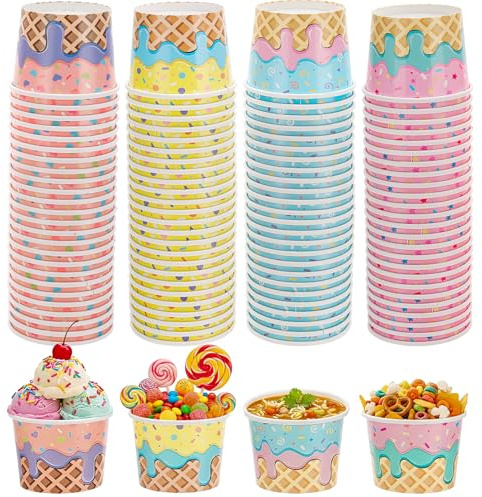 saerryor 100 Pack Paper Ice Cream Cups, 8oz Colorful Paper Dessert Bowls