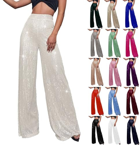 Generisch Damen Glitzer Pailletten Lang Palazzo Hose High Waist Weites Bein Karneval Kostüm Party Disco Festival Hose Sexy Rave Outfit