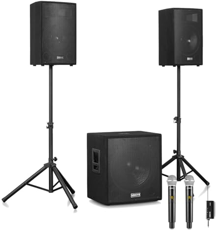 Vonyx VX1218BT 2.1 PA System Package with Dual Wireless Microphones, 1200W – Active Sound System with 18 Subwoofer, 2x 12 Satellite Speakers, Bluetooth, Singers, Speech, Karaoke, DJs