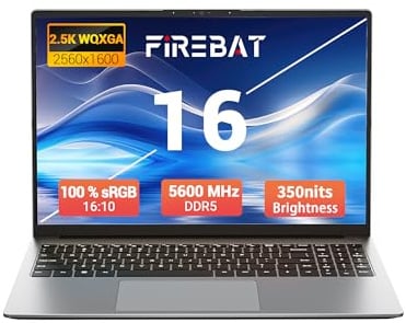 FIREBAT 16 inch Laptop,Ryzen 7 H 255 (8C/16T up to 4.9GHz), 16GB DDR5 512GB SSD, 2560x1600 QHD 120Hz IPS, Radeon 780M Graphics, Backlit Keyboard, Gaming & Business Notebook