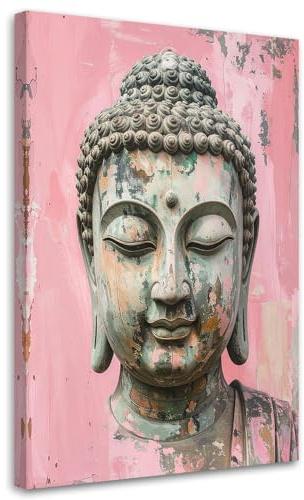 Feeby Leinwandbild - Bilder Wohnzimmer - Rosa Buddha Zen Spa Bambus - 40x60 1tlg - Deko Schlafzimmer - Wanddekoration - Aesthetic - Groß Moderne Bild - Foto auf Leinwand