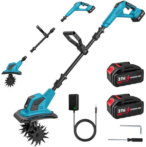 Motobineuse Electrique 21V, Motoculteur sans Fil 600 W avec 2 x 4,0 Ah Batteries, Largeur de Travail 17 cm, Profondeur de Travail 24 cm, 360 TR/Min, Motobineuse Électrique pour Le Jardin et la Cour