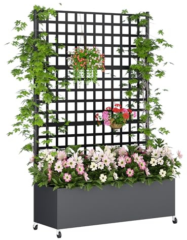 Hochbeet mit Sichtschutz 33cm tief | Metall Pflanzkasten mit Rankgitter & Rollen, wetterfest rostfrei, freistehend für Blumen, Kletterpflanzen, Tomaten, Garten Balkon Terrasse Privatsphäre