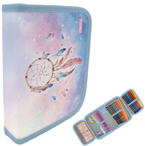 itenga Schüler-Etui 28 teilig gefüllt 1-Zipper Federmäppchen für Jungen und Mädchen (Traumfänger)