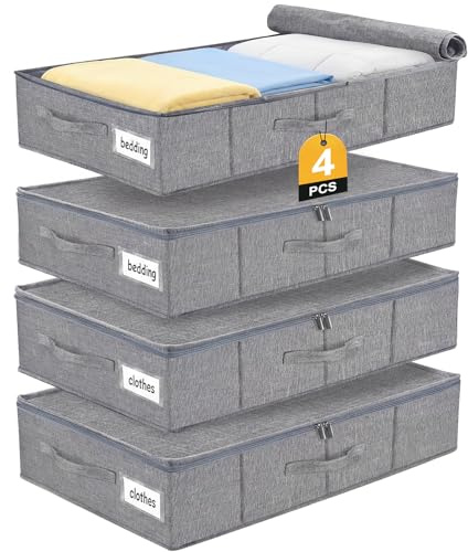 Toyzy 4er Set Unterbett Aufbewahrungsbox 17cm Hoch -Unterbettkommode | Decke aus Leinenmaterial, 3 Griffen + Doppelreißverschluss, Bettkasten Aufbewahrung für Bettwäsche und Saisonale Kleidung