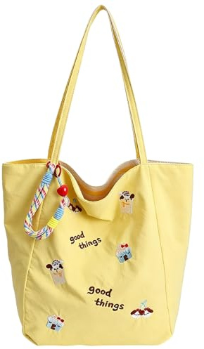 Lvjkes Umhängetasche Damen Gross, Handtasche Groß Mit Bestickung, Beidseitig verwendbar Tote Bag Mit Anhänger, Shopper Damen für Schule Arbeit Reisen Einkaufen (Kirsch-Hund/Gelb)