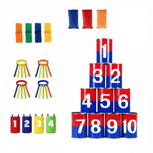 Xgdsnly Throwing Sack Toss Set Family Tin Can Can Knockdown Game Easy Setup Numbered Stacking Containers for Kids, Party, Backyard, Outdoor, Red And Blue Double-Sided Four-Color Set