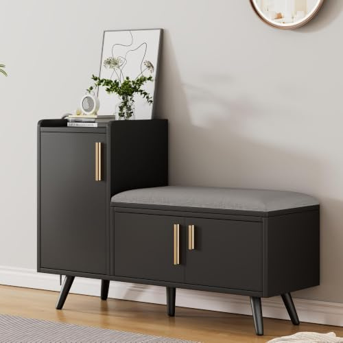 BTM Modern Shoe Storage Bench with Adjustable Shelves for Boots or Heels, Hallway Bench Shoe Rack with Seat Black