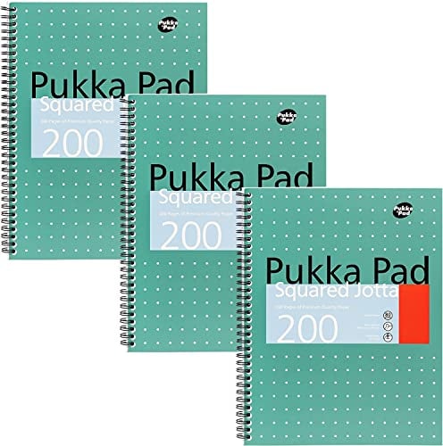Pukka Pad, A4 Kariert Metallisch Jotta Notizbuch 3er Pack - 29. 7 x 23cm - Spiral Notizbuch mit 80GSM Papier - Mit 4-Loch Ränder und perforierte Kanten - 200 Seiten, Grün