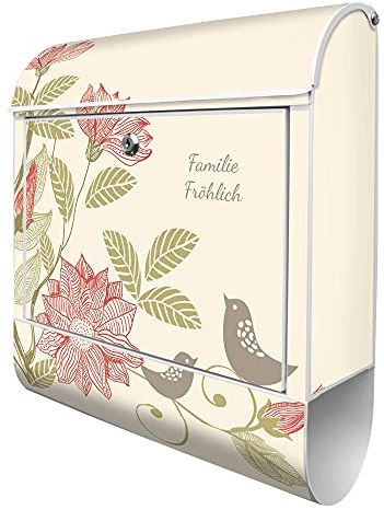 banjado® Design Briefkasten personalisiert mit WT Vogelhochzeit 38,5x46,5x13cm & 2 Schlüssel - Briefkasten Stahl weiß mit Zeitungsfach pulverbeschichtet - Postkasten A4 Einwurf inkl. Montagematerial