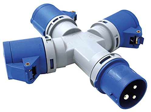 Electraline 80800 Adattatore multipresa 3 prese industriali con coperchio spina a 3 poli industriale IEC adatto per camper, campeggio, caravan, barca, cantiere Grigio