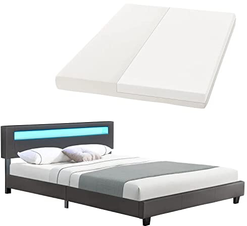 Juskys Polsterbett Paris 180x200 cm mit LED Beleuchtung, Matratze, Lattenrost & Kopfteil - Kunstleder & Holz - grau - Bett Doppelbett Bettgestell