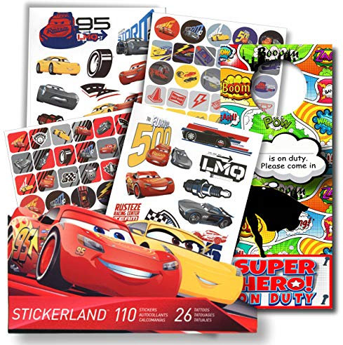Disney Cars 3 Fun Set Cars 3 Stickers & Disney Cars 3 Tattoos Bundle with Specialty 2-sided Door Hanger