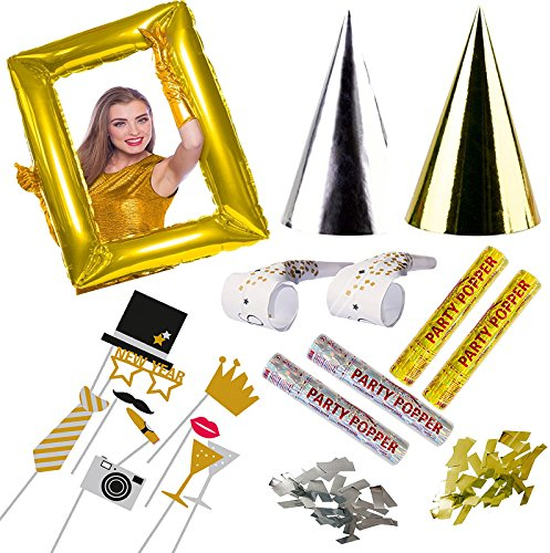 Carpeta 23-teiliges * Silvester * Spaß Set für eine tolle Silvesterparty mit Hüten + Tröten + Partypopper + Fotorequisiten + aufblasbaren Bilderrahmen // Neujahr Happy New Glamour Nacht Gold Silber