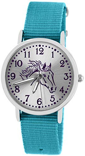 Pacific Time Mädchen Uhr Pferde analog Quarz mit Textil Wechselarmband hell blau 10308