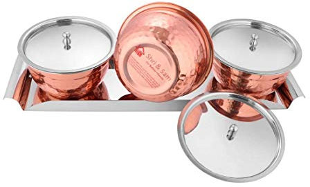 Shri & Sam Stainless Steel High Grade Stainless Steel Miska Copper Hammered Serving Bowl Set with SS Lid & Tray, 4,Pieces