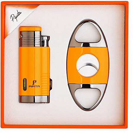 PIPITA Cigar Torch Lighter Gift Set,Windproof Triple Jet Flame Torch Cigar Lighter with Punch and Cutter Set, Refillable Buntane gas Lighters (Without Gas) (Yellow)
