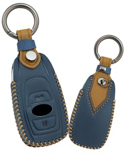 ontto Rindsleder Autoschlüssel Hülle Cover für Subaru Legacy Impreza WRX XV BRZ Forester Levorg Trezia Schlüsselhülle mit Schlüsselanhänger Schlüssel Schutz Etui Fernbedienung 3 Tasti-Blau