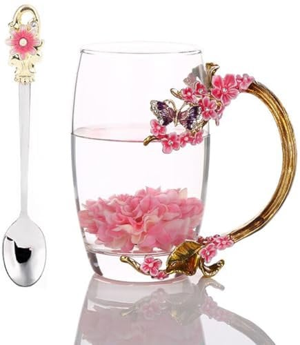 YBK Tech Creative Flower Glass Mug, Crystal Clear Glass Tea Cup- Pink Plum, Tall (350ml)
