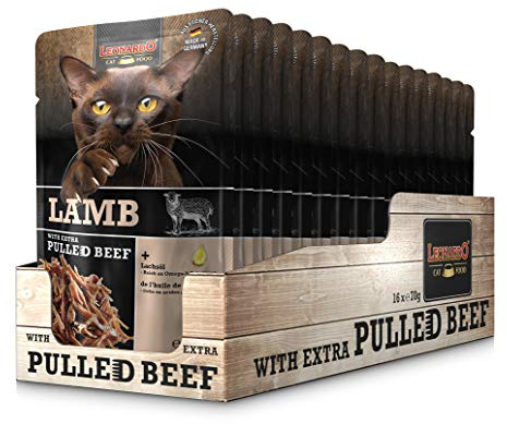 LEONARDO Frischebeutel [16x70g Lamb mit Fleischstreifen] Pulled Beef | Getreidefreies Nassfutter für Katzen | Alleinfuttermittel Katzenfutter
