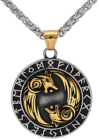 JHBTFQ Wikinger Geri und Freki Wolf Rune Männer Edelstahl Halskette Gold&Silber Nordische Amulett Schmuck, 24 Zoll Kette