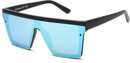 JIM HALO Flat Top Shield Sonnenbrille Square Mirror Randlose Brille für Damen Herren (Black Frame/Mirror Blue Lens)