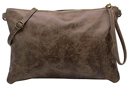 SH Leder Echtleder Umhängetasche Clutch im vintage look mittelgross Tasche Abendtasche 33x22cm Clara G396 (Dunkeltaupe)