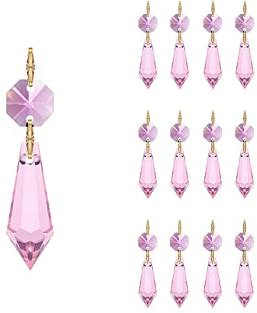 12 Stück 38 mm Eiszapfen Kristall Kronleuchter Prismen Ersatz Tropfen Teile für Kronleuchter Kristall Vorhang Hochzeit Dekoration (Rosa)