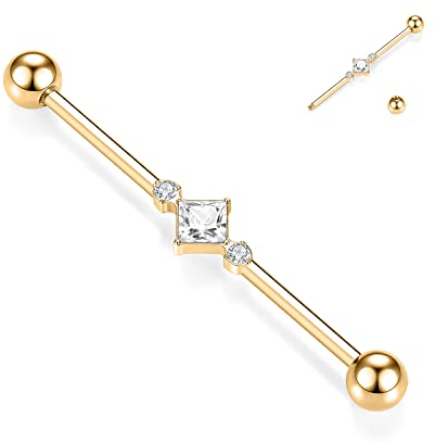 14G Industrial Barbell Chirurgenstahl Industrial Piercing Schmuck Gold Industrial Barbell 38 mm langer Gerüststab Industrial Bar mit quadratischem CZ gepflastertem Knorpelohrring Helix-Ohrringe