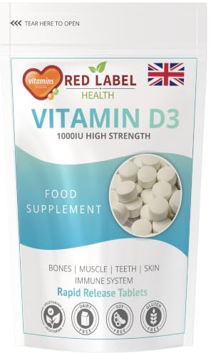 Red Label Health Vitamin D3 1000 IU, Pack of 90 Vitamin D Tablets (3 Months Supply), Healthy Teeth & Bones, Supports Immune System, High Strength Vitamin D Supplement for Men & Women, UK-Made