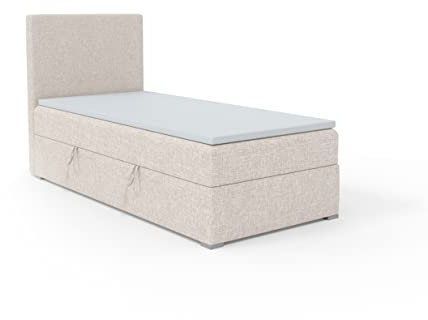 FEDVE Boxspringbett 100x200 Beige - Kolorado – Dauerhaft Bett mit Bettkasten Rechts – Praktisches Einzelbett für Viele Jahr – Kopfteil Bett mit Stauraum zum Schlafzimmer