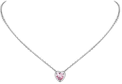 PROSILVER Collier Femme Cœur Argent 925, Chaîne Pendentif Pierre de Naissance Tourmaline Rose de Synthèse