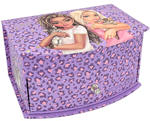 Depesche 12281 TOPModel Lilac Love-Schmuckkästchen in Lila, mit Leo-Muster, Model-Motiv und Glitzersteinen, Schmuckbox mit Spiegel und Klappdeckel, Mehrfarbig