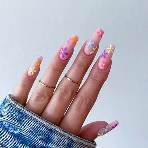 Luvadeyo Set de 24 faux ongles à coller cercueil, pose complète pour femmes et filles, rose mat avec motif floral