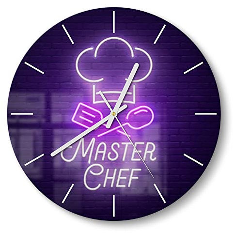 DEQORI Glasuhr | rund Ø 30 cm | Motiv Küchenchef Wandlogo | ausgefallene leise Design Uhr aus Glas | Wanduhr für Wohnzimmer & Küche | moderne Hingucker Uhr für die Wand