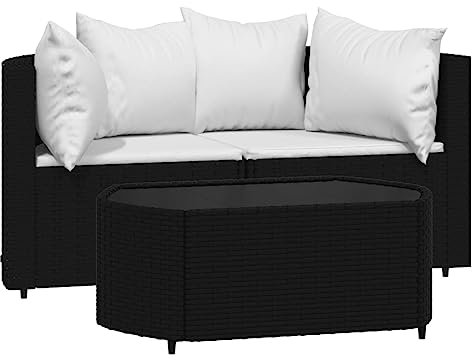 vidaXL Garten Lounge Set 3-TLG., Gartenmöbel Set mit Kissen, Sitzgruppe für Garten Terrasse, Modular Sofa Garnitur Loungemöbel, Schwarz Poly Rattan