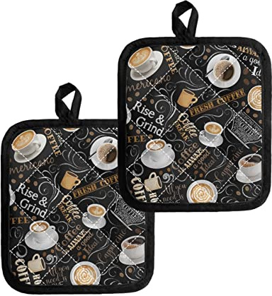 Jndtueit Topflappen mit Kaffeemotiv, rutschfest, hitzebeständig, 2 Stück, weiße Tassen, Baumwoll-Topflappen mit gesteppten, heißen Pads, braune Kaffee-Untersetzer, Getränkehalter
