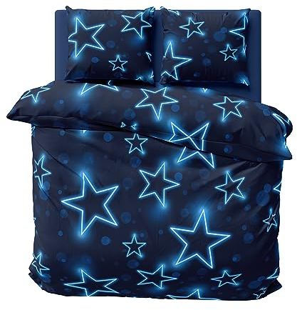 one-home Bettwäsche 240x220 cm Sterne Stars dunkel blau leuchtoptik Doppelbett Mikrofaser