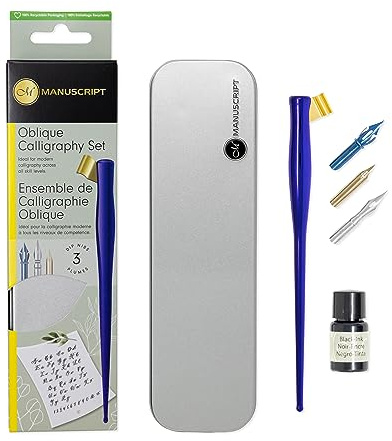 MANUSCRIPT Modern Oblique Calligraphy Writing Pen Set (Navy) - 1x Dip Pen Holder, 3x Dip Nibs, Black Ink (7ml) & Practice Sheet, Ideal for Modern Calligraphy