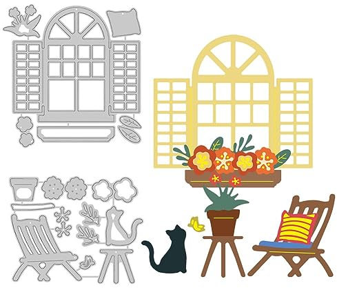 BENECREAT 3 Stück Fenster-Blumen-Metall-Stanzformen-Schablone, Lounge Chair Blumentopf Katze Karbonstahl Prägevorlage Für Kartenherstellung, DIY, Scrapbooking, Fotoalbum, 0.8 mm Dick