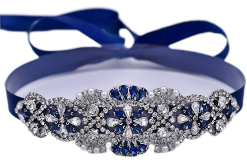 Jadvenword Neue Braut farbige Strassgürtel Brautkleid Accessoire mit marineblauem Satinband - Hochzeit, Party, Tanz, Abendessen, Show, Festivals, Styling