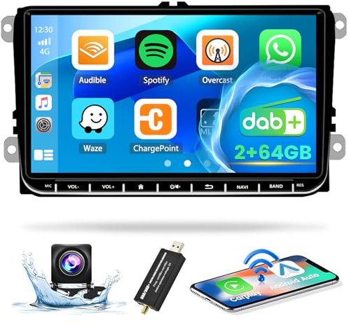 2G+64G Wireless Carplay Autoradio für VW Skoda Seat Golf 5 6 Passat Polo Tiguan Android Auto 9 Zoll DAB Radio Bildschirm 2 Din Bluetooth GPS WiFi RDS FM SWC Canbus AHD Rückfahrkamera