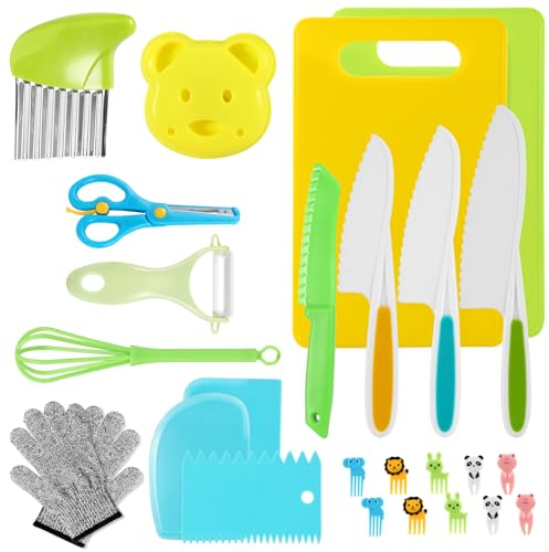 AECIASO Juego de Cuchillos para Niños, 27 Piezas Cuchillos de Cocina para Cortar Frutas o Verduras, Incluye Cuchillo de Madera, Tabla de Cortar, Pelador, Guantes y Más Accesorios de Cocina