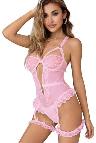 ohyeahlady Body Sexydonna Hot Curvy Taglie Forti Babydoll Pizzo Aperto Senza Maniche Completo Intimo con Giarrettiere Gamba Lingerie Sexy Hard Top Aderente Bodysuit Teddy(Rosa,XS-S)