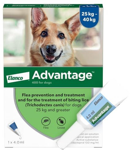 Advantage Spot On Flea Treatment For Extra Large Dogs 25 - 40kg (1 pipette, 400mg), Kills Fleas Within 24 Hours, Prevents Further Infestation For Up To Four Weeks